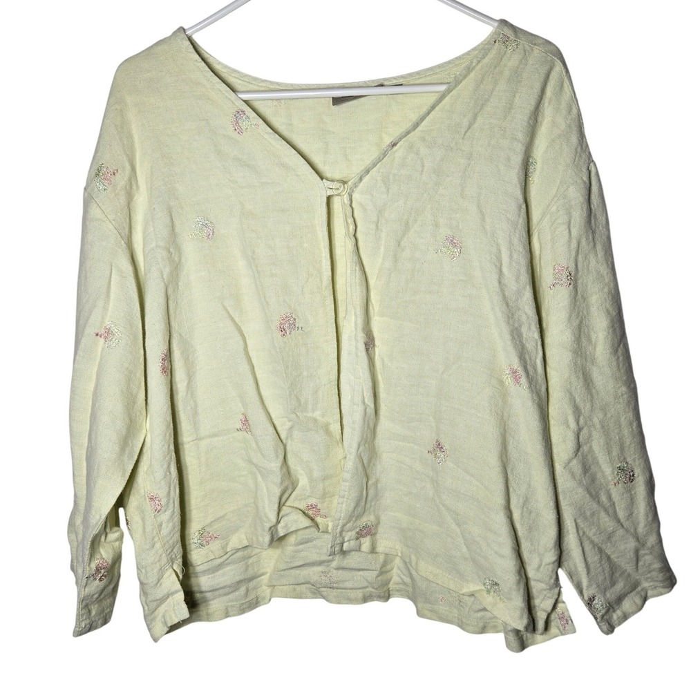 IVY Womens Linen Floral Embroidered Cardigan Medium Cottage Boho‎ Breathable
